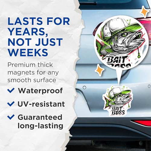 (2 Pack) Bait Boss Magnets - Fishing Enthusiast Magnets - Fisherman Meme Magnets - Outdoor Hobby Magnets - 5" On Longest Side - for Cars, Refrigerators, Toolboxes, Lockers - Made in USA BMCS3354