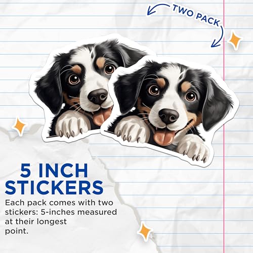 (2 Pack) Cute Dog Face Stickers - Adorable Puppy Decal - Fun Pet Lover Accessory - 5" On Longest Side - Sticks to Smooth Flat Surfaces - Made in USA - BMCS9835