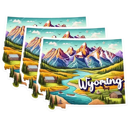 (3 Pack) Wyoming Landscape Decals - State Pride Decal - Mountain River Decals - 3 Inches On Longest Side - Easy Peel & Apply - Made in USA - 3MCS0170