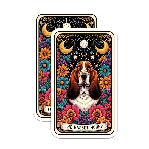 (2 Pack) Basset Hound Stickers - Dog Lover Sticker - Floral Dog Stickers - Unique Dog Vinyl Decals - 5" On Longest Side - Sticks to Smooth Flat Surfaces - Made in USA - BMCS4766