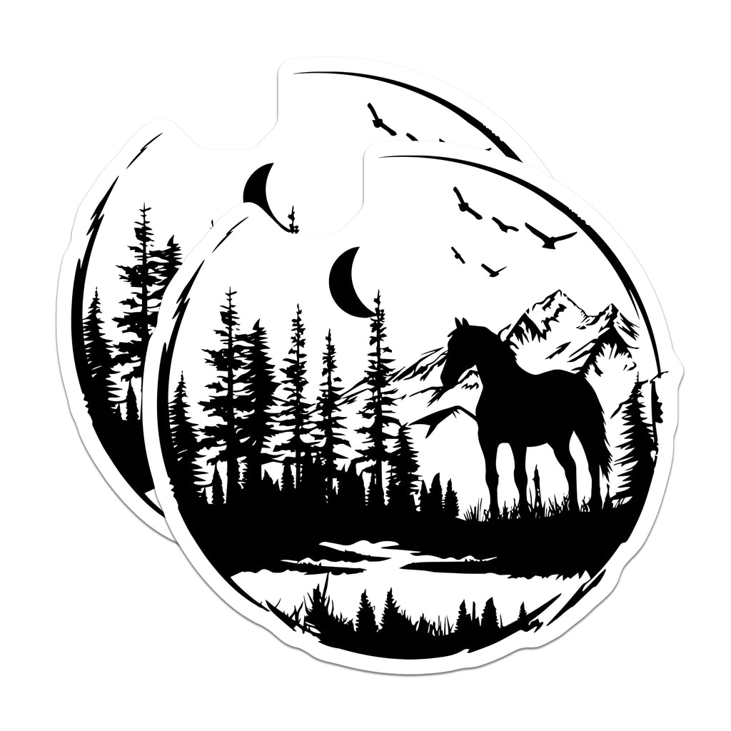 (2 Pack) Wild Horse Magnets - Mountain Forest Silhouette - Nature Scene Decor for Outdoor Lovers - 5 Inches On Longest Side - Thick Durable Magnet - Made in USA - MAG38289
