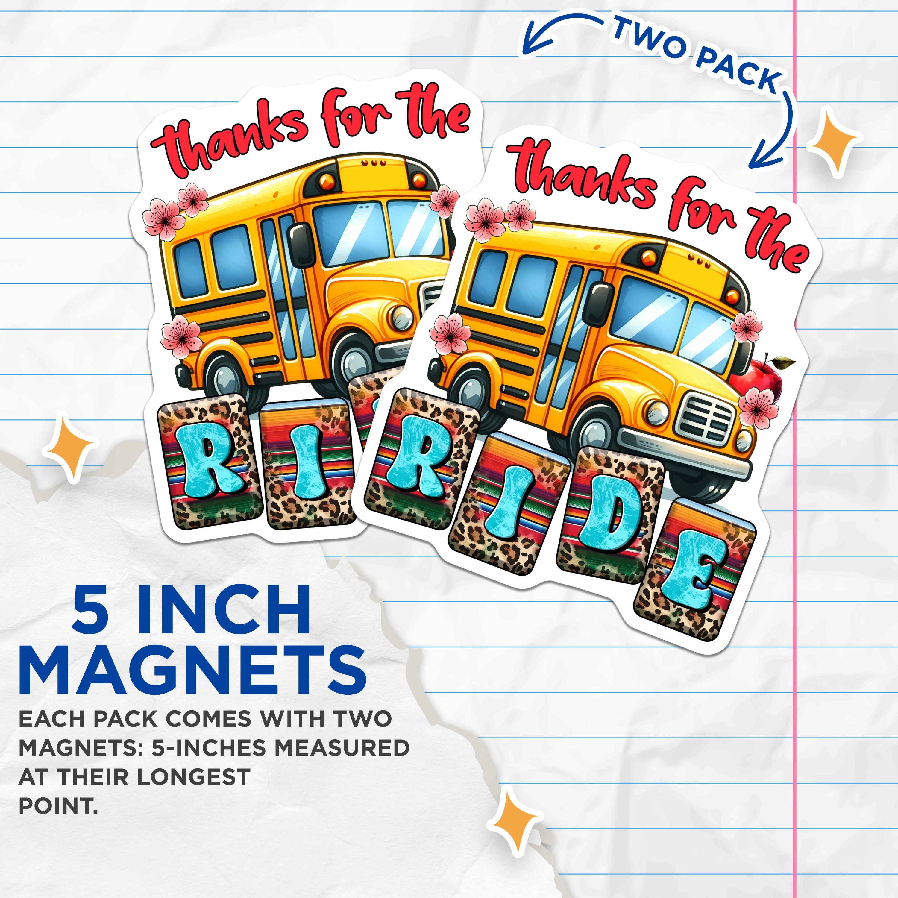 (2 Pack) Thanks for The Ride Magnets - School Bus Driver Appreciation - Teacher Staff Decor - 5 Inches On Longest Side - Thick Durable Magnet - Made in USA - MAG38636
