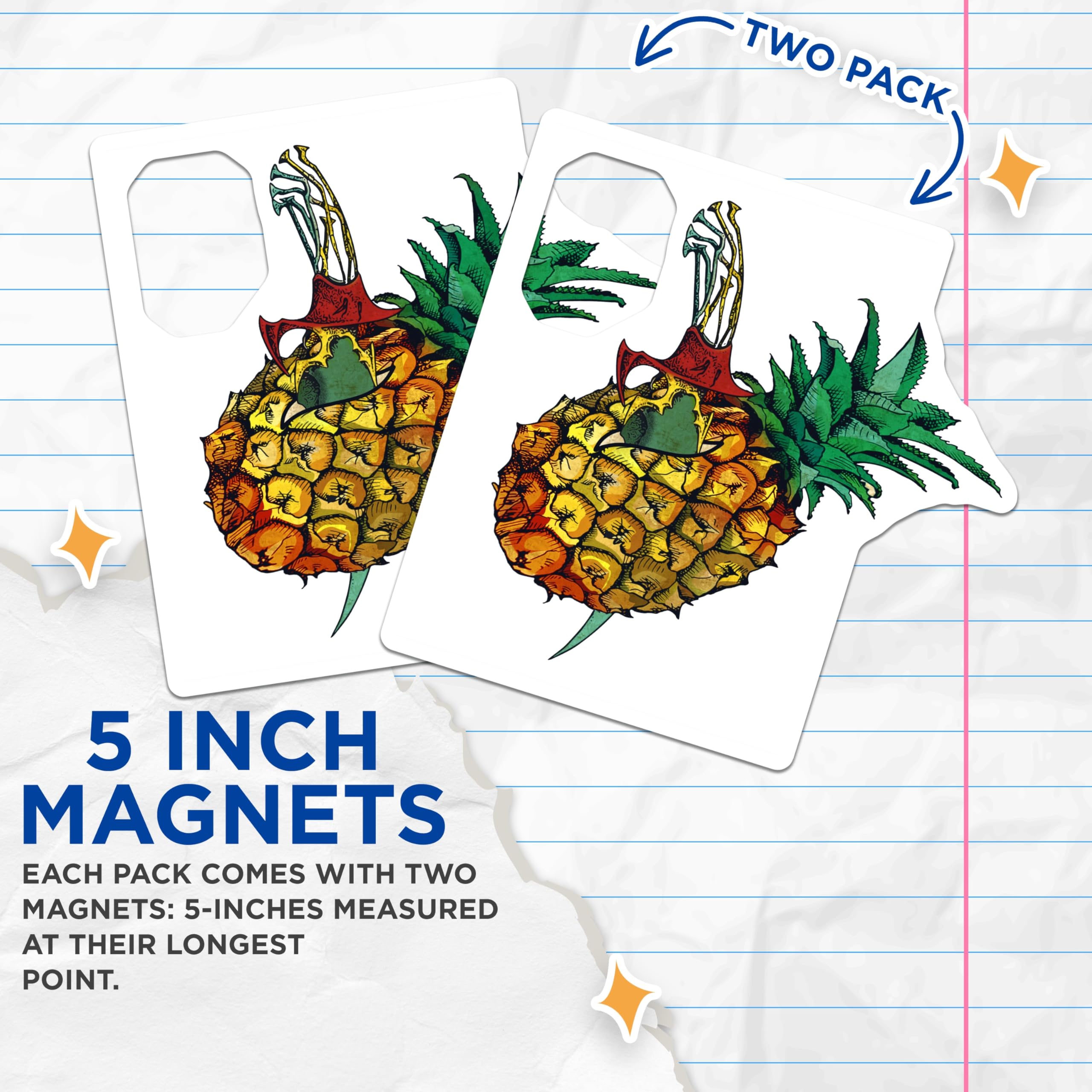 (2 Pack) Pineapple Sword Magnets - Whimsical Decor - Tropical Fruit Art - 5" On Longest Side - Premium Magnet - for Cars, Refrigerators, Toolboxes, Lockers - Made in USA - MAG16742