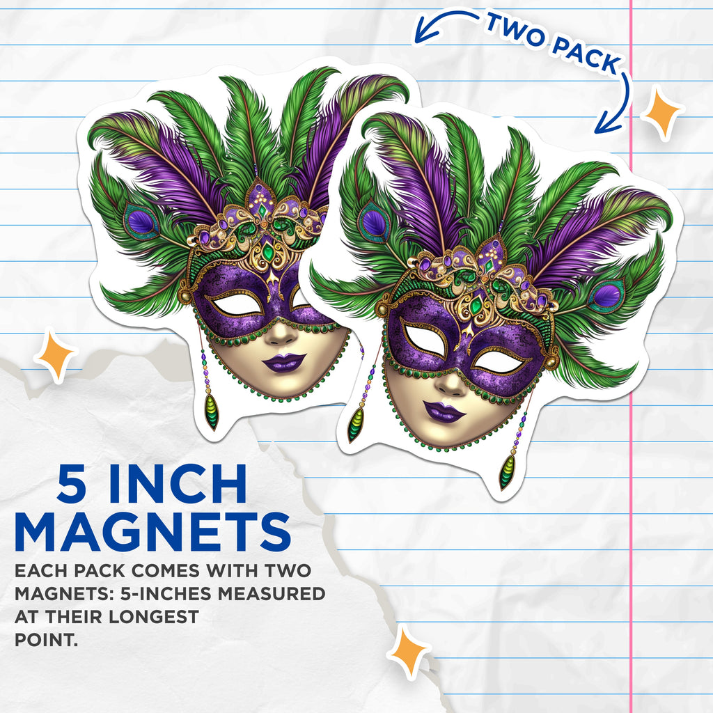 (2 Pack) Mardi Gras Mask Magnets - New Orleans Decor - Festive Refrigerator Accessories - 5 Inches On Longest Side - Thick Durable Magnet - Made in USA - MAG39857