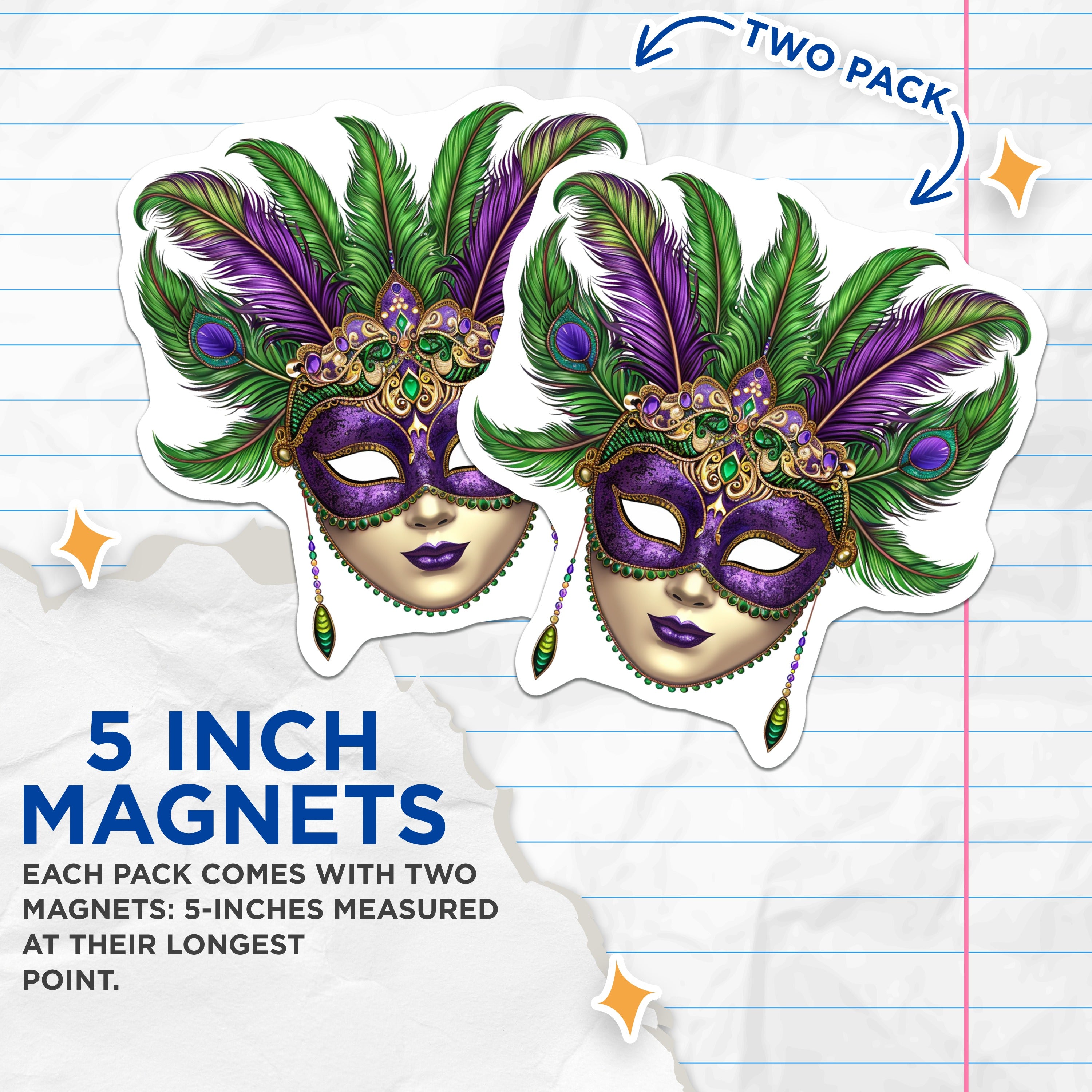(2 Pack) Mardi Gras Mask Magnets - New Orleans Decor - Festive Refrigerator Accessories - 5 Inches On Longest Side - Thick Durable Magnet - Made in USA - MAG39857