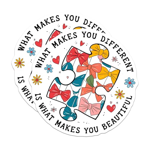 (2 Pack) What Makes You Different Stickers - Motivational Quotes - Inspirational Message - 5" On Longest Side - Sticks to Smooth Flat Surfaces - Made in USA - BMCS9172 - Colorful Bow Puzzle Design