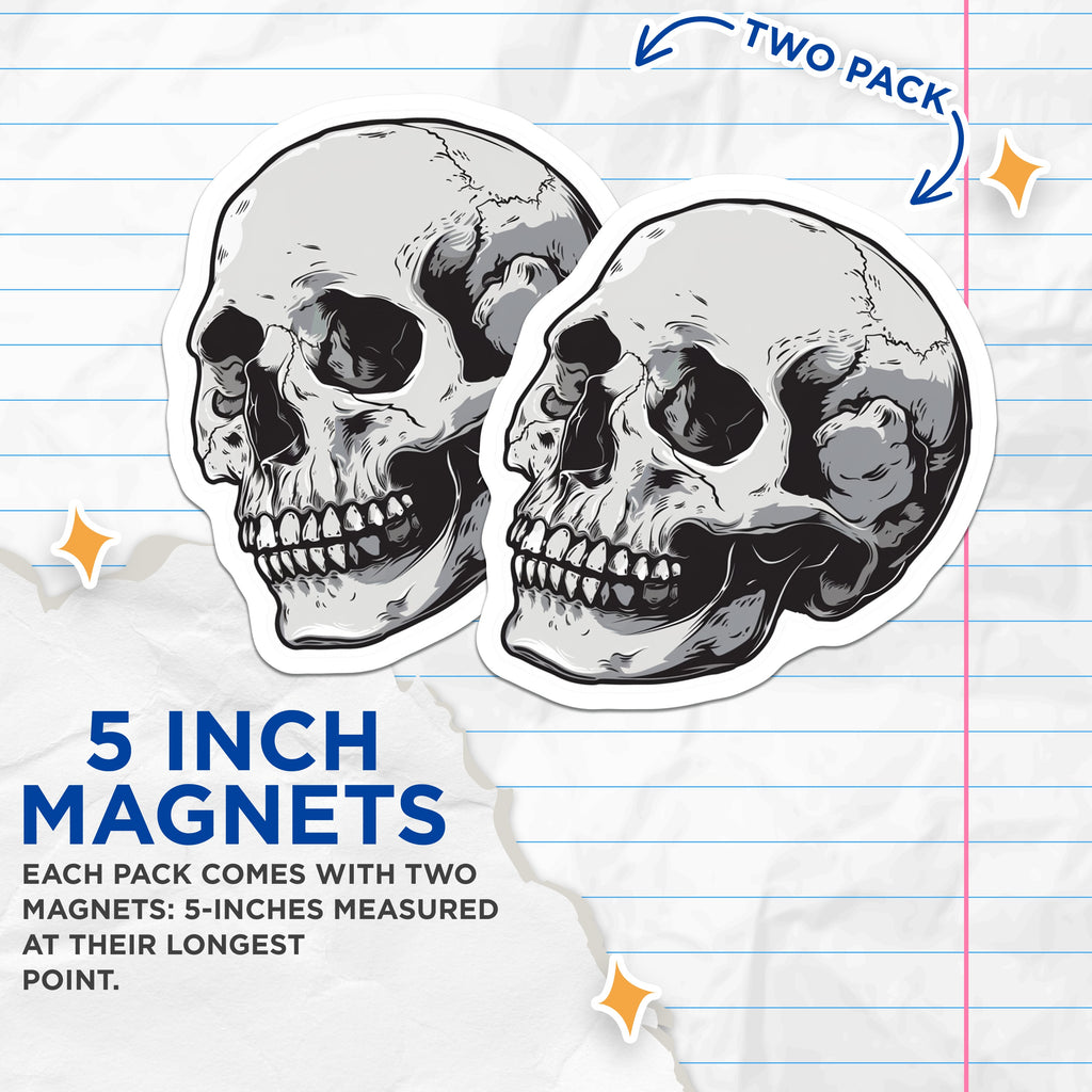 (2 Pack) Skull Magnets - Goth Decor - Edgy Skeleton Art - Halloween Refrigerator Accent - 5 Inches On Longest Side - Thick Durable Magnet - Made in USA - MAG38668