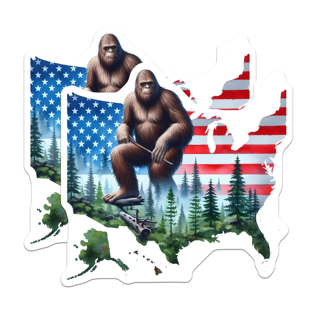 (2 Pack) Bigfoot Sasquatch Magnets - American Flag USA Outline - Forest Cryptid Creature Decor - Patriotic United States Art - 5 Inches On Longest Side - Thick Durable Magnet - Made in USA - MAG22966