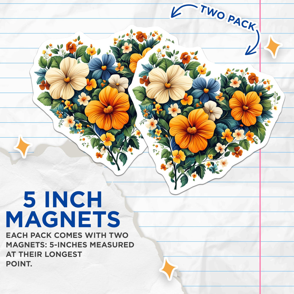 (2 Pack) Floral Heart Magnets - Vibrant Flower Decor - Romantic Home Accent - 5 Inches On Longest Side - Thick Durable Magnet - Made in USA - MAG26463