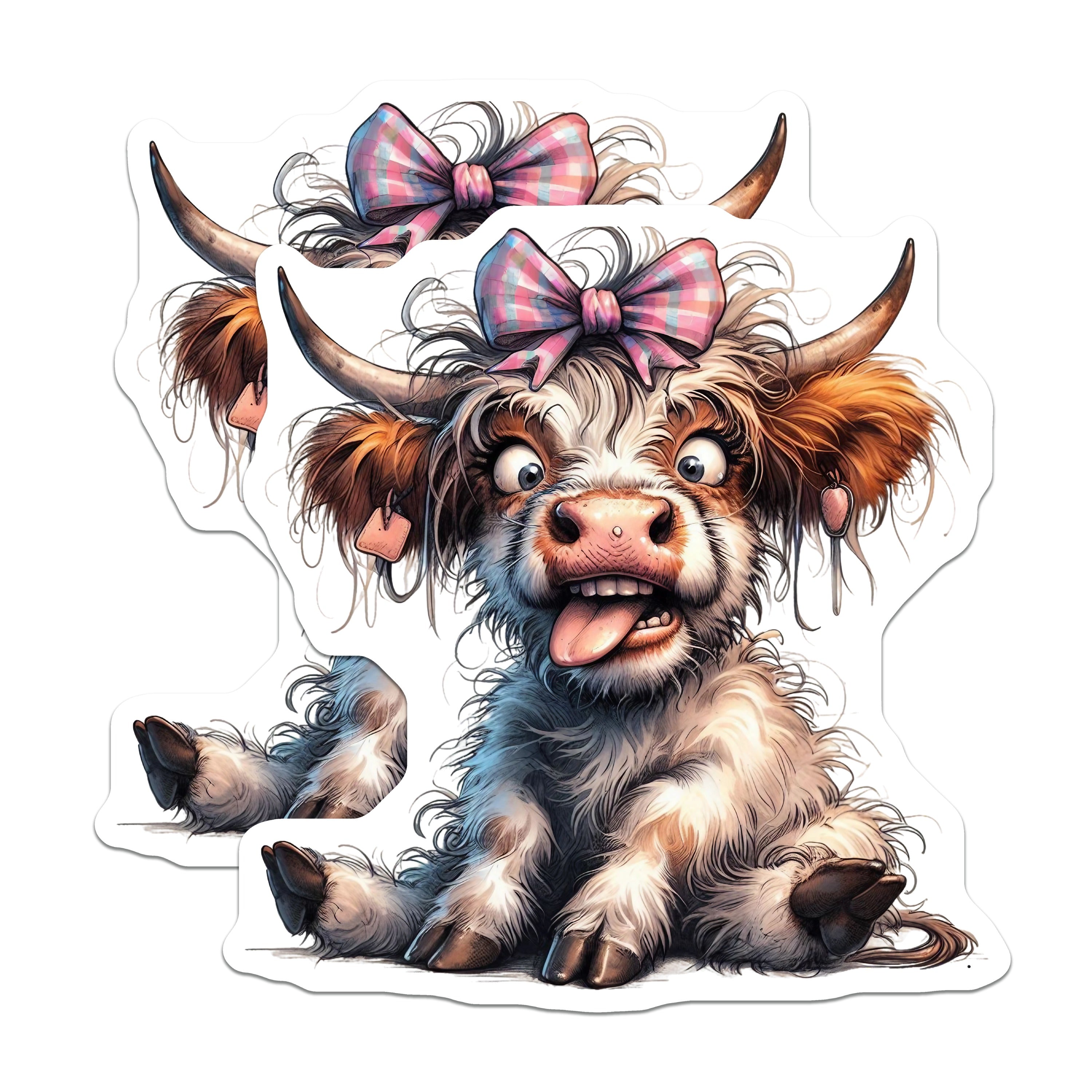(2 Pack) Goofy Highland Cow Magnets - Cute Fluffy Calf Decor - Funny Farm Animal Refrigerator Locker Magnet - 5 Inches On Longest Side - Thick Durable Magnet - Made in USA - MAG39373