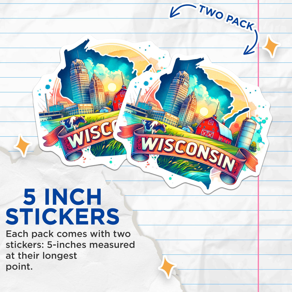 (2 Pack) Wisconsin State Stickers - Vibrant Wisconsin Landscape - Travel Souvenir Stickers - 5" On Longest Side - Sticks to Smooth Flat Surfaces - Made in USA - BMCS6546