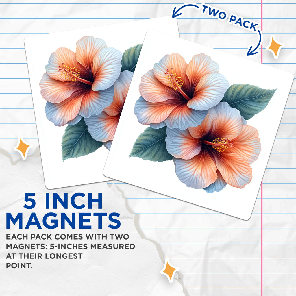 (2 Pack) Tropical Hibiscus Magnets - Peach Blue Flower Fridge Decor - Hawaiian Floral Accent - 5 Inches On Longest Side - Thick Durable Magnet - Made in USA - MAG26256