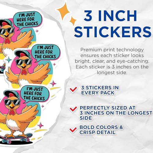(3 Pack) Chicken Skateboard Decals - Funny Animal Decal - Cool Laptop Decals - 3 Inches On Longest Side - Easy Peel & Apply - Made in USA - 3MCS2656