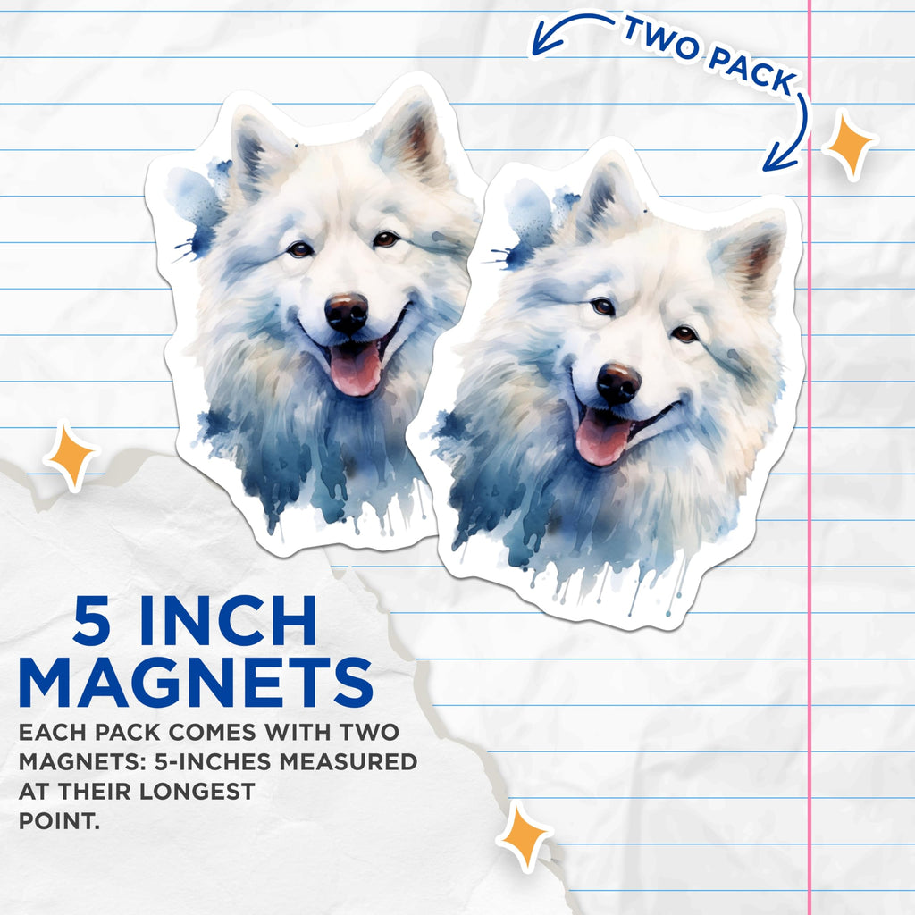 (2 Pack) Samoyed Dog Magnets - Watercolor Animal Portrait - Happy Smiling White Fluffy Pet Fridge Locker Accessory - 5 Inches On Longest Side - Thick Durable Magnet - Made in USA - MAG23866