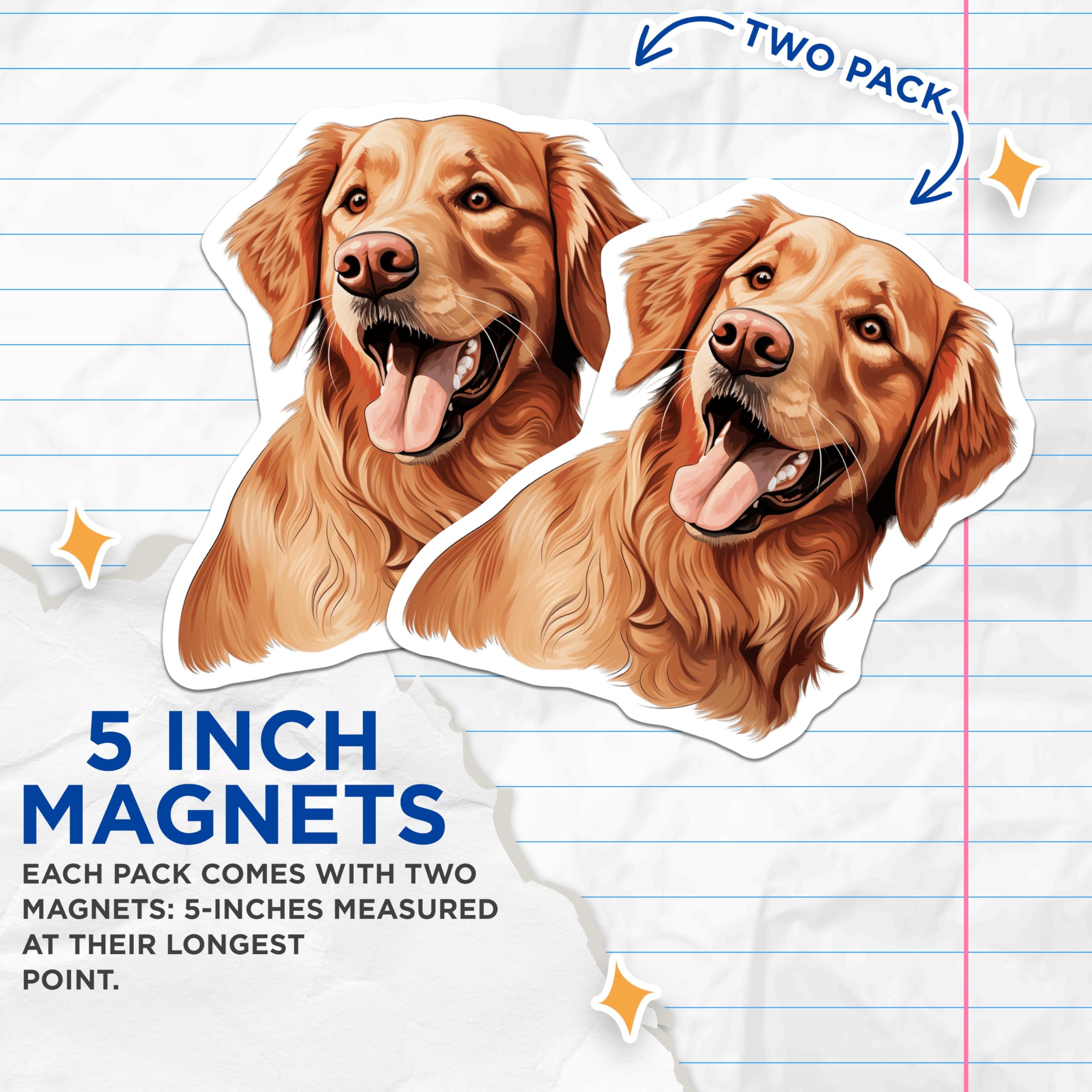 (2 Pack) Golden Retriever Magnets - Happy Dog Art - Dog Mom Decor - Pet Parent Present - 5 Inches On Longest Side - Thick Durable Magnet - Made in USA - MAG26223