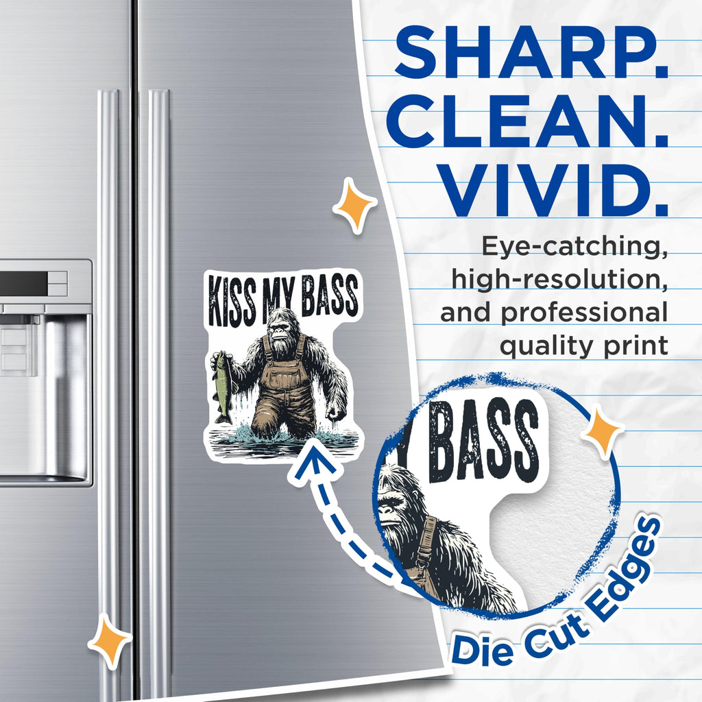(2 Pack) Kiss My Bass Magnets - Hilarious Bigfoot Fishing Enthusiast - Sasquatch Angler Humor - Outdoor Lake Cabin Decor - 5 Inches On Longest Side - Thick Durable Magnet - Made in USA - MAG23182