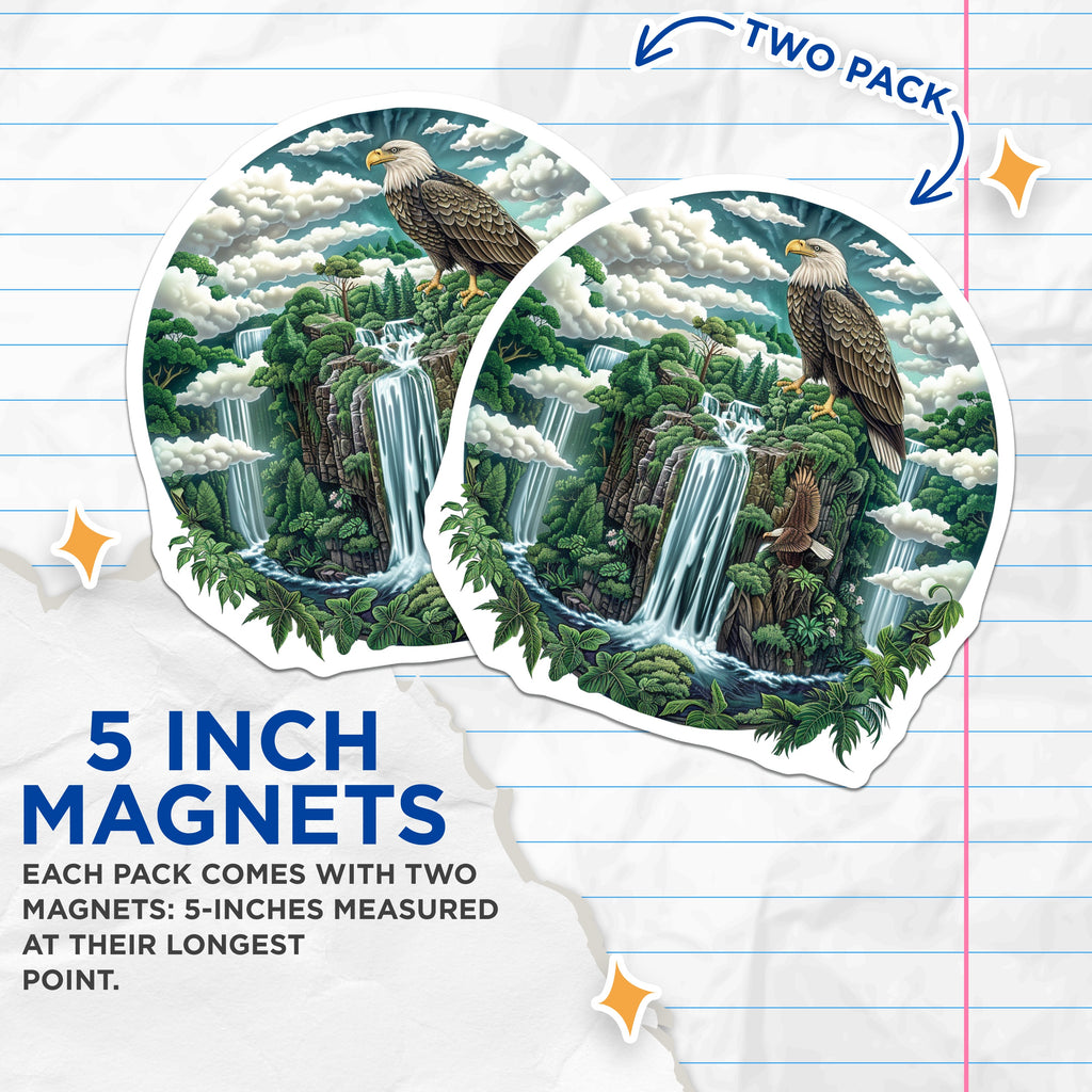 (2 Pack) Bald Eagle Magnets - Majestic Wildlife Art - Waterfall Forest Scene - Nature Refrigerator Magnet - 5 Inches On Longest Side - Thick Durable Magnet - Made in USA - MAG36485