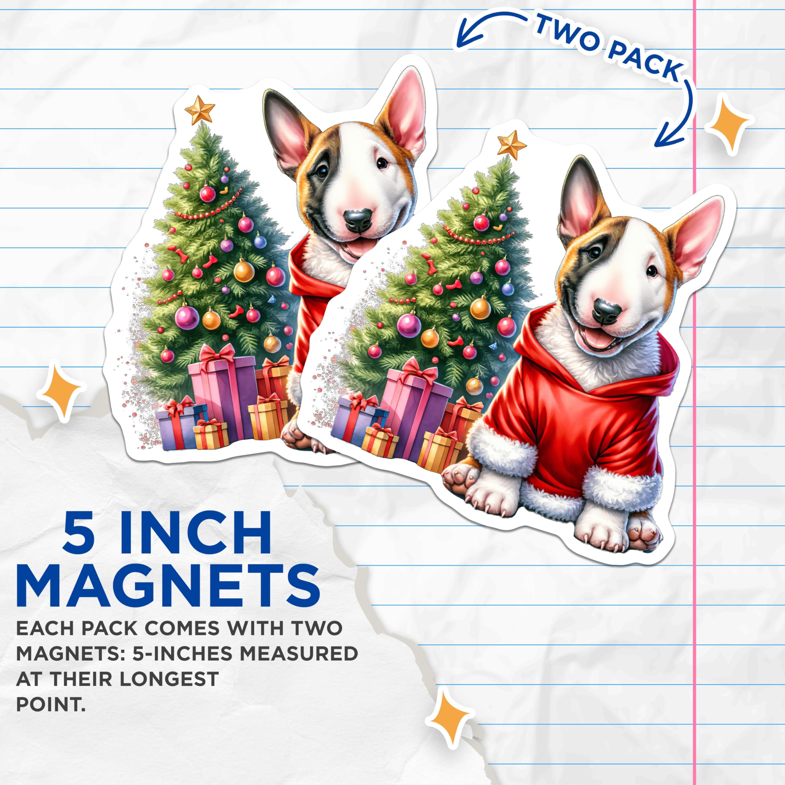 (2 Pack) Bull Terrier Christmas Dog Magnets - Holiday Pet Decor - Santa Puppy Refrigerator Accent - 5 Inches On Longest Side - Thick Durable Magnet - Made in USA - MAG28892