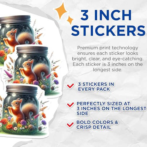 (3 Pack) Squirrel Decals - Jar with Flowers - Laptop Decal - Unique Design - 3 Inches On Longest Side - Easy Peel & Apply - Made in USA - 3MCS8129