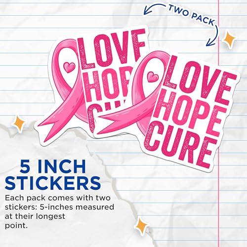 (2 Pack) Love Hope Cure Stickers - Pink Ribbon Decal - Awareness Campaign Stickers - 5" On Longest Side - Sticks to Smooth Flat Surfaces - Made in USA - BMCS5797