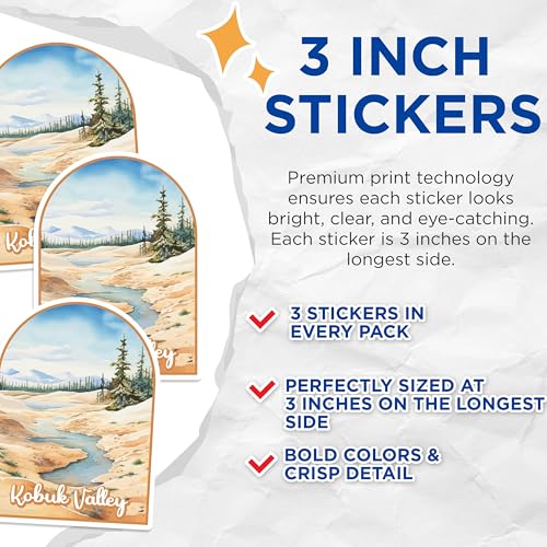 (3 Pack) Kobuk Valley Decals - Alaska National Park - Nature Scenery Stickers - 3 Inches On Longest Side - Easy Peel & Apply - Made in USA - 3MCS0415