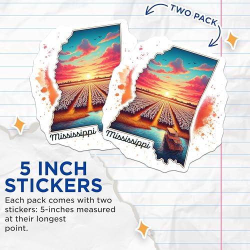 (2 Pack) Mississippi State Map Stickers - Sunset Landscape Stickers - Graphic Art Stickers - 5" On Longest Side - Sticks to Smooth Flat Surfaces - Made in USA - BMCS5171