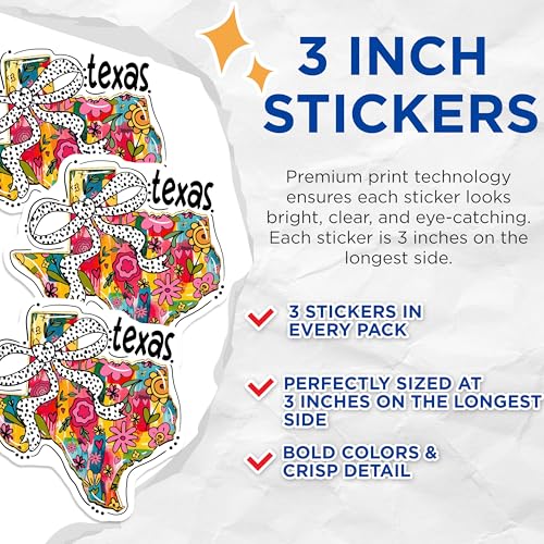 (3 Pack) Texas Decals - Floral Texas - Bow Texas Design - 3 Inches On Longest Side - Easy Peel & Apply - Made in USA - 3MCS8342