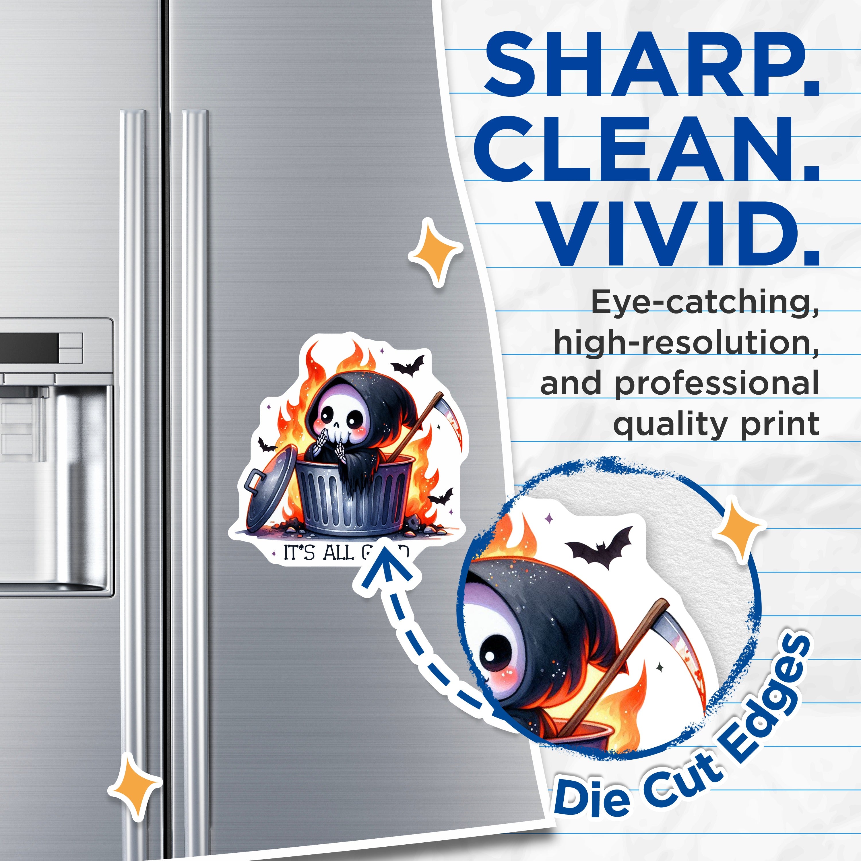 (2 Pack) Cute Grim Reaper Magnets - Dumpster Fire Humor - Spooky Refrigerator Decor - 5 Inches On Longest Side - Thick Durable Magnet - Made in USA - MAG39647