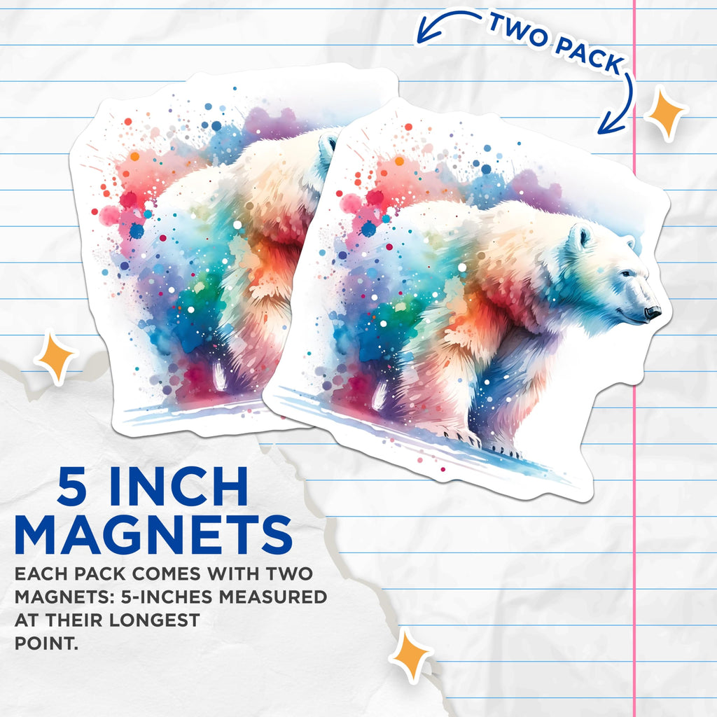 (2 Pack) Polar Bear Magnets - Watercolor Art Magnets - Fridge Magnets - 5" On Longest Side - Premium Magnet - for Cars, Refrigerators, Toolboxes, Lockers - Made in USA - MAG14370