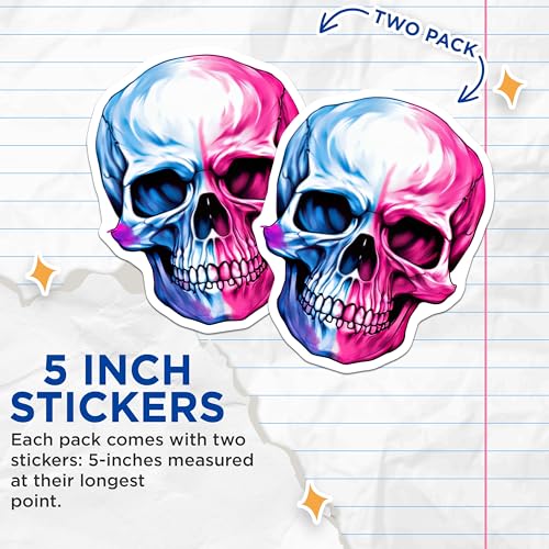(2 Pack) Skull Stickers - Half Blue Half Pink Skull - Unique Skull Art Decal - 5" On Longest Side - Sticks to Smooth Flat Surfaces - Made in USA - BMCS6721