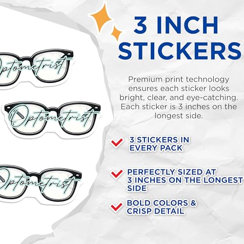 (3 Pack) Optometrist Decals - Eye Doctor Sticker - Glasses Profession Decals - 3 Inches On Longest Side - Easy Peel & Apply - Made in USA - 3MCS6836