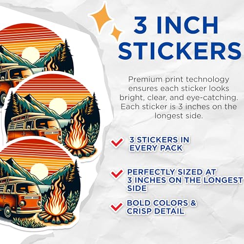 (3 Pack) Camping Van Decals - Campfire Scene - Adventure Van Stickers- 3 Inches On Longest Side - Easy Peel & Apply - Made in USA - 3MCS5182
