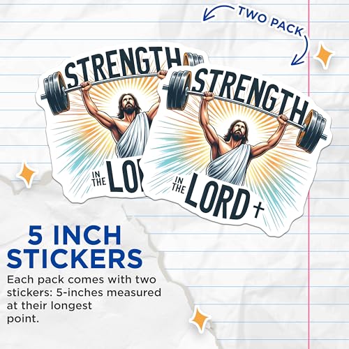 (2 Pack) Strength in The Lord Stickers - Motivational Bible Verse - Christian Weightlifting Art - 5" On Longest Side - Sticks to Smooth Flat Surfaces - Made in USA - BMCS9651