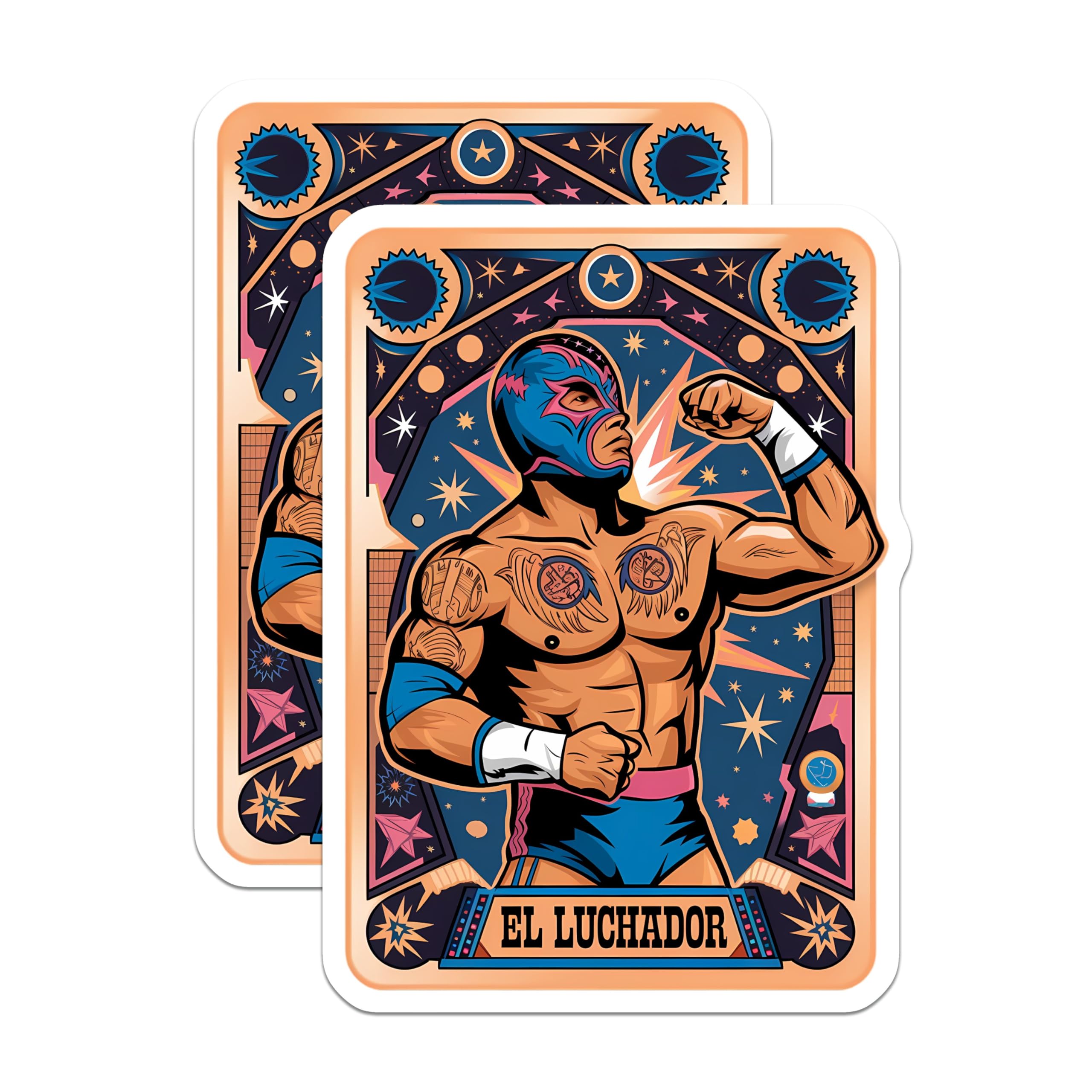 (2 Pack) El Luchador Stickers - Lucha Libre - Wrestling Art Stickers - 5" On Longest Side - Sticks to Smooth Flat Surfaces - Made in USA - BMCS9598