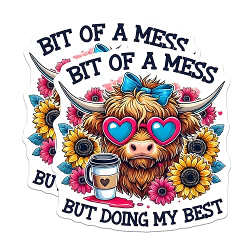 (2 Pack) Funny Cow Stickers - Bit of a Mess But Doing My Best - Cute Animal Stickers - Coffee Lover - 5" On Longest Side - Sticks to Smooth Flat Surfaces - Made in USA - BMCS9872