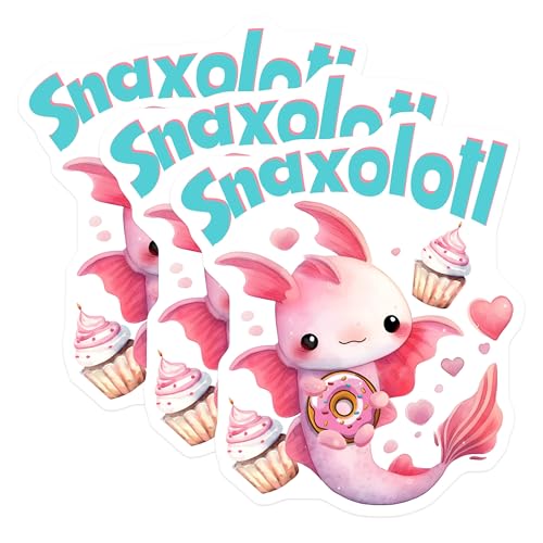 (3 Pack) Snaxolotl Decals - Kawaii Axolotl - Foodie Stickers - 3 Inches On Longest Side - Easy Peel & Apply - Made in USA - 3MCS6550