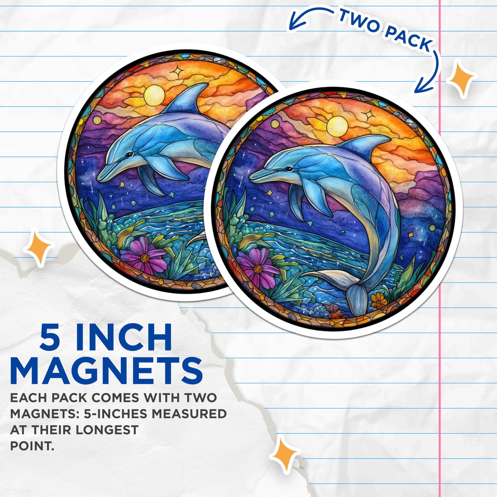 (2 Pack) Dolphin Stained Glass Magnets - Ocean Animal Decor - Sea Life Fridge Art - 5 Inches On Longest Side - Thick Durable Magnet - Made in USA - MAG25796