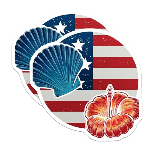 (2 Pack) Patriotic Shell Stickers - Summer Beach Theme - 4th of July Decor - 5" On Longest Side - Sticks to Smooth Flat Surfaces - Made in USA - BMCS8983