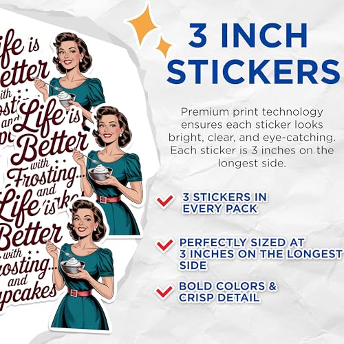 (3 Pack) Cupcake Frosting Decals - Retro Woman Sticker - Dessert Laptop Decal - 3 Inches On Longest Side - Easy Peel & Apply - Made in USA - 3MCS1729