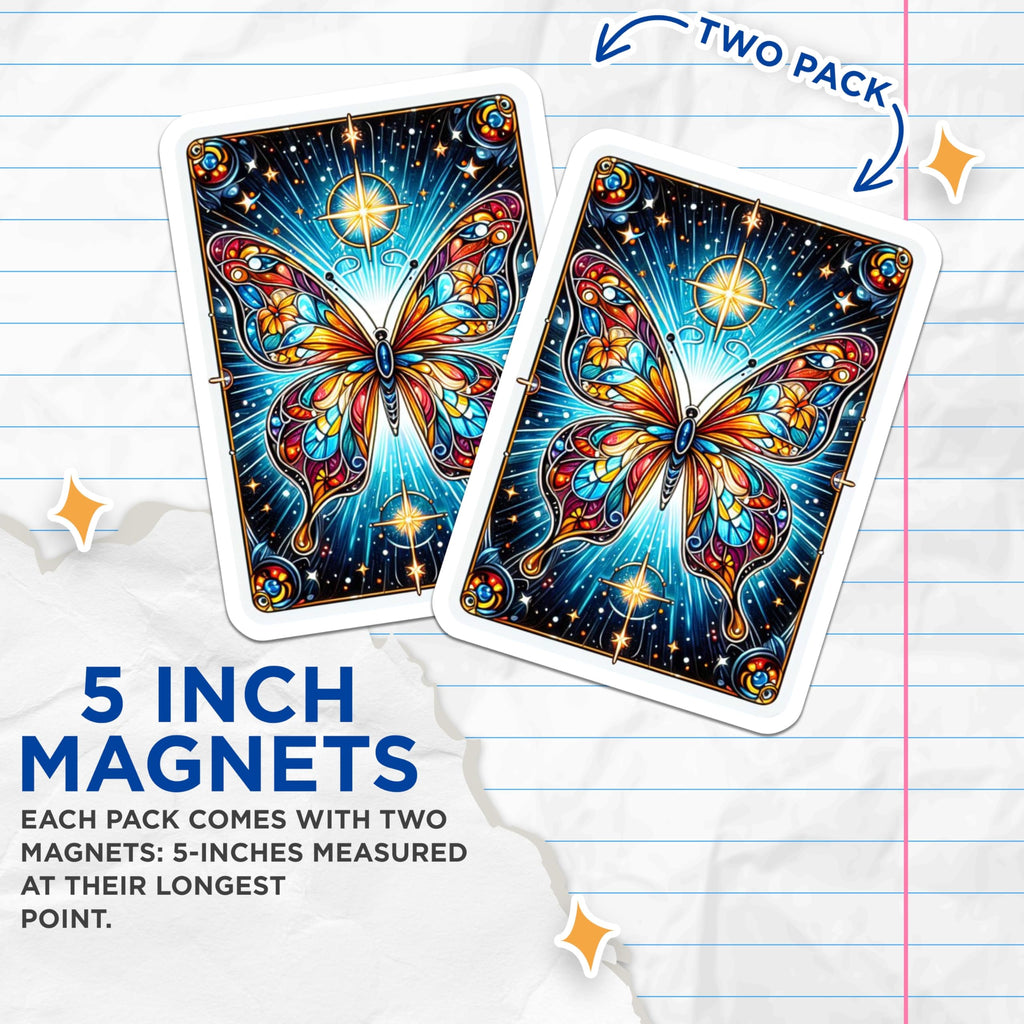 (2 Pack) Stained Glass Butterfly Magnets - Vibrant Celestial Starry Decor - Mystical Insect Art - Refrigerator Magnets - 5 Inches On Longest Side - Thick Durable Magnet - Made in USA - MAG20331