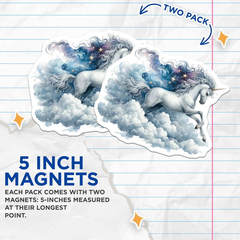(2 Pack) Magical Unicorn Magnets - Fantasy Sky Creature - Celestial Art Refrigerator Decor - 5 Inches On Longest Side - Thick Durable Magnet - Made in USA - MAG38487