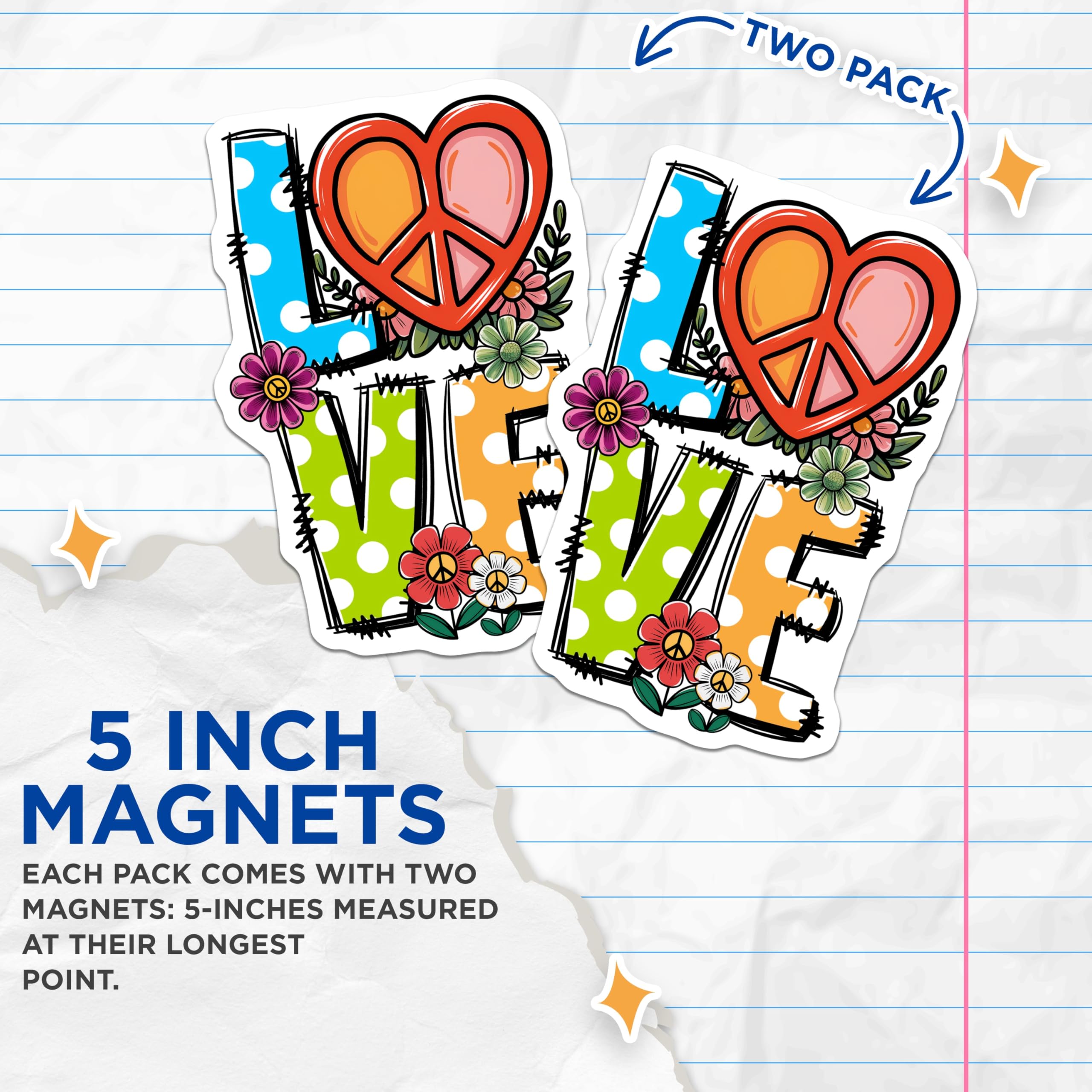 (2 Pack) Love Peace Sign Magnets - Floral Hippie Design - Fridge Decorative Items - 5" On Longest Side - Premium Magnet - for Cars, Refrigerators, Toolboxes, Lockers - Made in USA - MAG14331