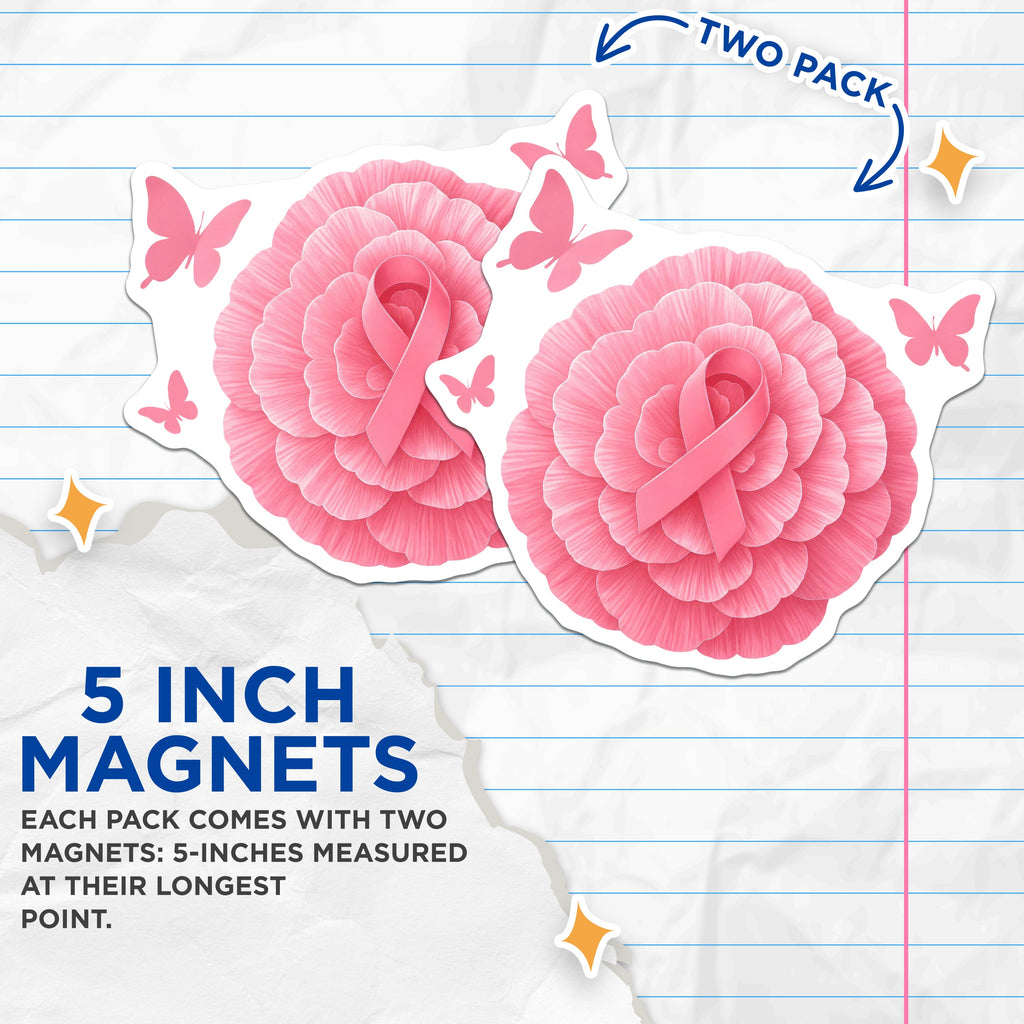(2 Pack) Breast Cancer Awareness Pink Ribbon Magnets - Survivor Fighter Support - Hope Floral Butterflies - 5 Inches On Longest Side - Thick Durable Magnet - Made in USA - MAG38835