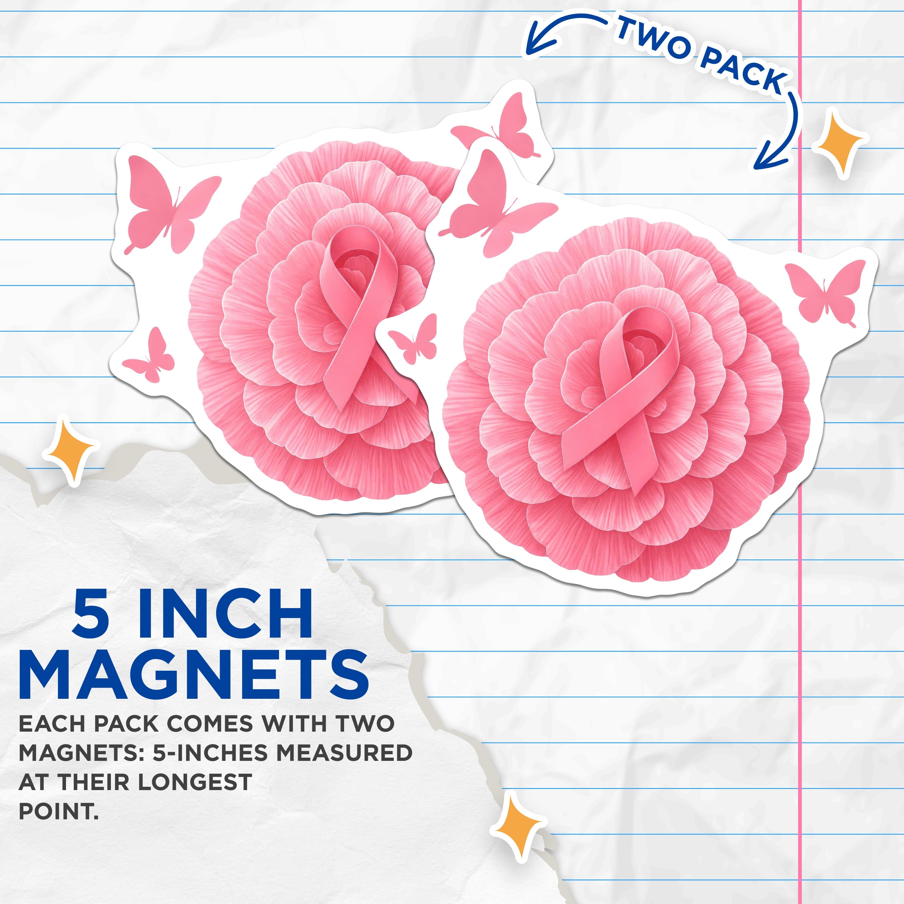 (2 Pack) Breast Cancer Awareness Pink Ribbon Magnets - Survivor Fighter Support - Hope Floral Butterflies - 5 Inches On Longest Side - Thick Durable Magnet - Made in USA - MAG38835