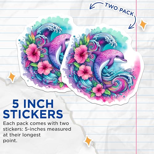 (2 Pack) Dolphin Mandala Stickers - Tropical Flower Stickers - Ocean Wave Art Stickers - 5" On Longest Side - Sticks to Smooth Flat Surfaces - Made in USA - BMCS9478