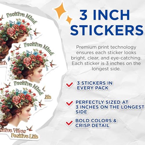 (3 Pack) Positive Mind Decals - Floral Girl Decals - Positive Vibes Laptop Decal - 3 Inches On Longest Side - Easy Peel & Apply - Made in USA - 3MCS7796