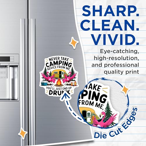 (2 Pack) Never Take Camping Advice from Me Magnets - Funny Camping Decor - Outdoor Travel Fun - Flamingo Camping Humor - 5" On Longest Side - for Cars, Fridges, Toolboxes - Made in USA - MAG6859