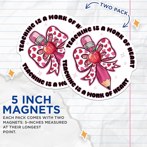 (2 Pack) Teaching is A Work of Heart Magnets - Teacher Appreciation - Classroom Decor - 5" On Longest Side - for Cars, Fridges, Toolboxes - Made in USA - MAG7660