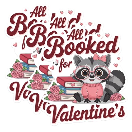 (3 Pack) Valentine Raccoon Decals - Book Lover Decal - All Booked Valentines Decals - 3 Inches On Longest Side - Easy Peel & Apply - Made in USA - 3MCS1639
