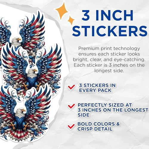(3 Pack) Patriotic Eagle Decals - American Flag Decal - Laptop Decals - 3 Inches On Longest Side - Easy Peel & Apply - Made in USA - 3MCS0984